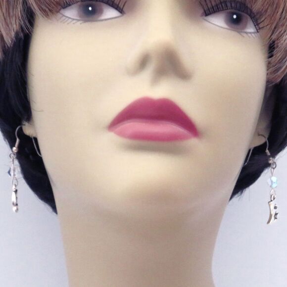 Handmade Silver Toned Crescent Moon Dangle Earrings, Moon Lover Gift for Women - Picture 3 of 8